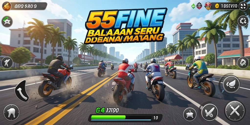 Screenshot utama 55FIVE menampilkan momen balapan yang intens.