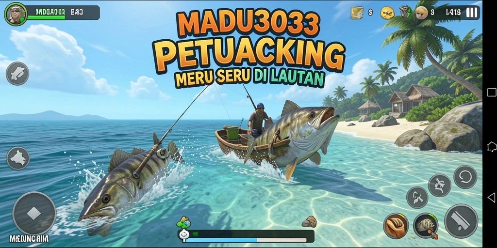 Tampilan utama gameplay MADU303 dengan aksi memancing seru.
