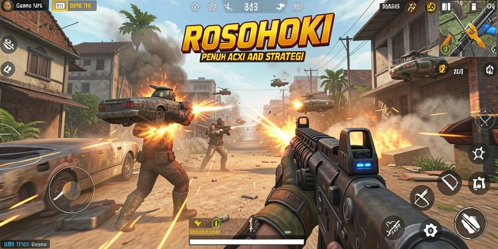 Tampilan utama gameplay ROSOHOKI dengan aksi seru dan karakter menarik.