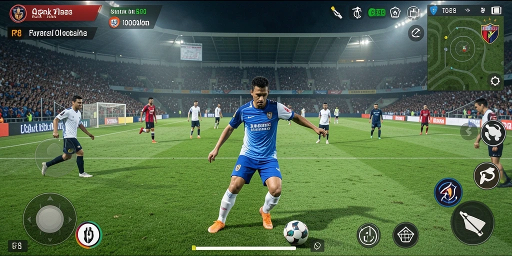 Screenshot RP8 menampilkan aksi pertandingan sepak bola yang seru dan intens.