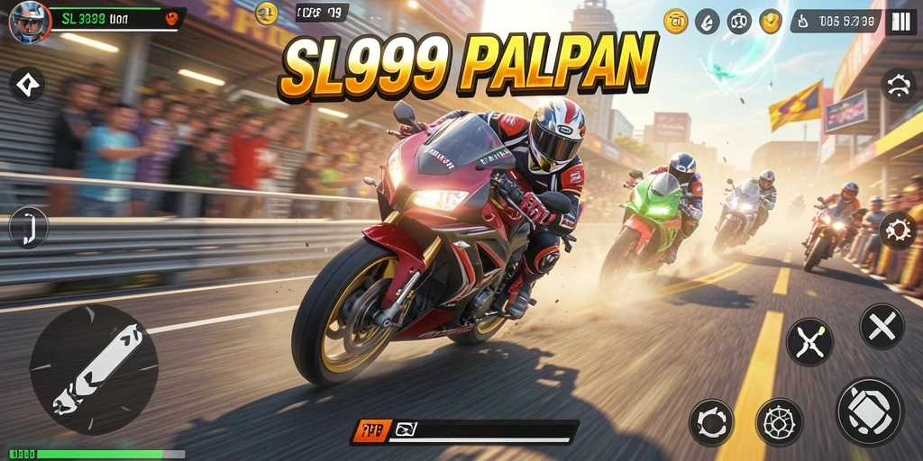 Tampilan gameplay SL999 saat balapan motor di trek yang menantang.