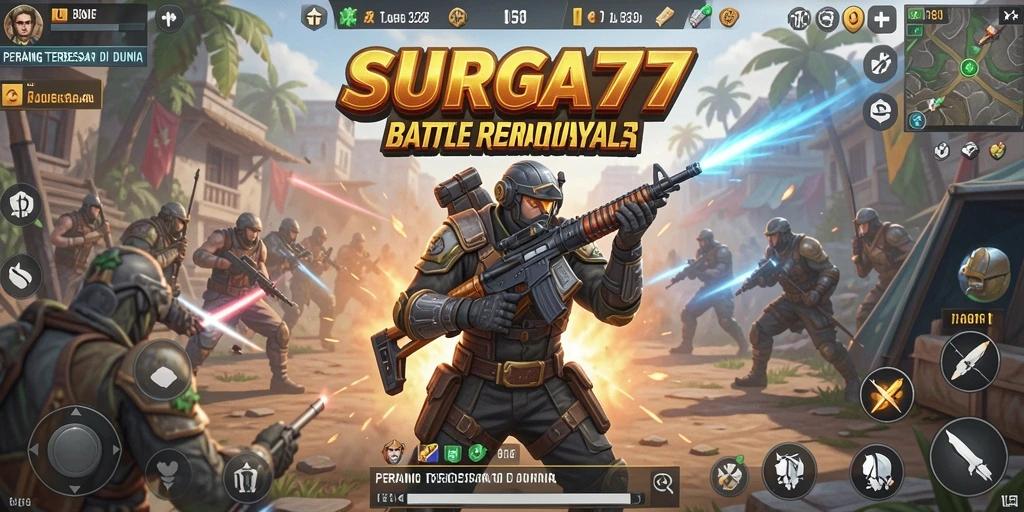 Screenshot SURGA77 menampilkan aksi tembak-menembak full Battle Royale.
